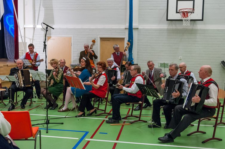 Miehistä ja naisista koostuva 15-henkinen kokoonpano soittaa harmonikkaa, viulu, sahaa, kitaraa ja kontrabassoa